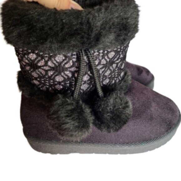 Adorable Child Girls Pom Pom Black Faux Suede Fur Fall Winter Snow Boots Size 9 - Picture 9 of 10
